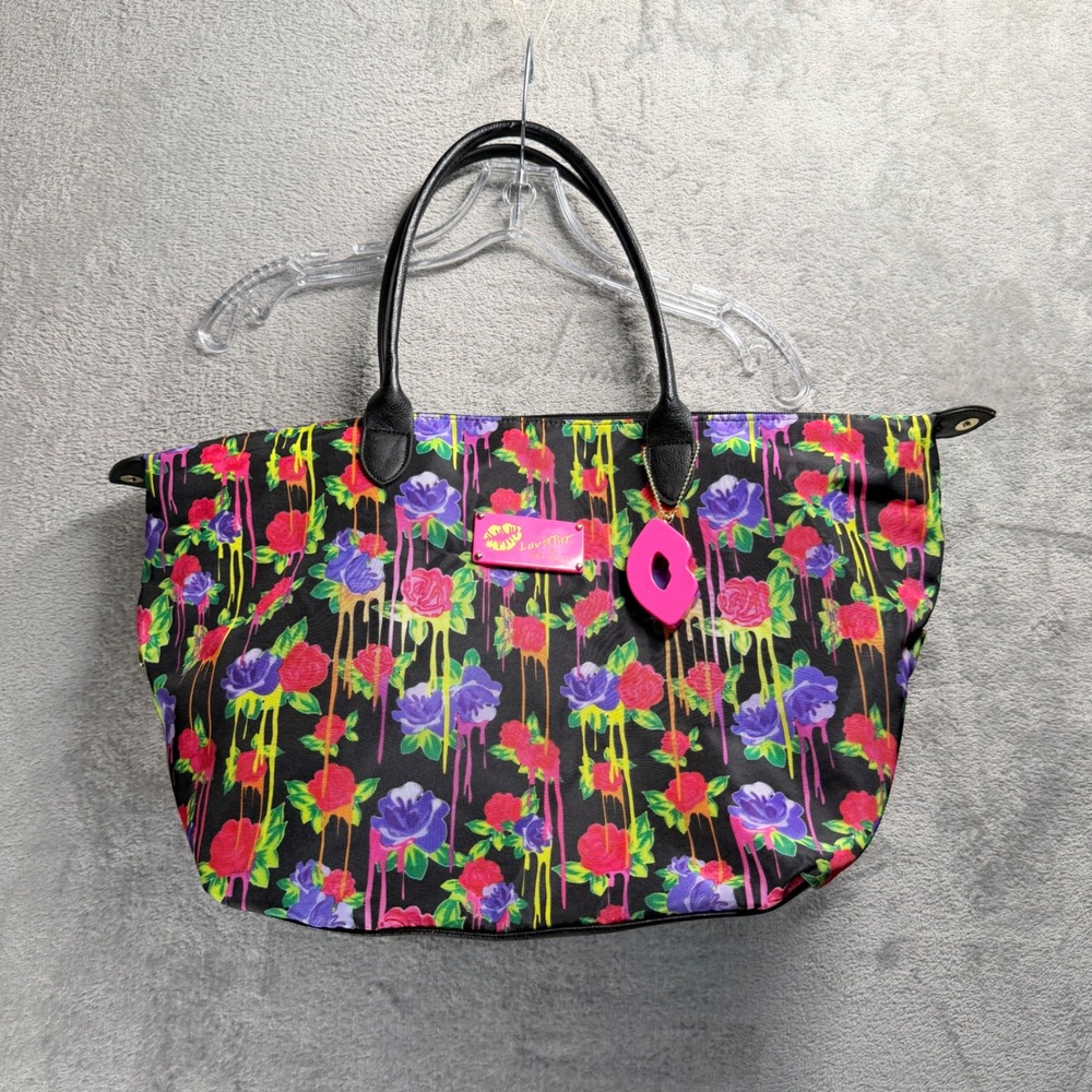 Luv Betsey Johnson Tote Bag Womens Large Black Floral Drip Lip Charm Edgy Punk
